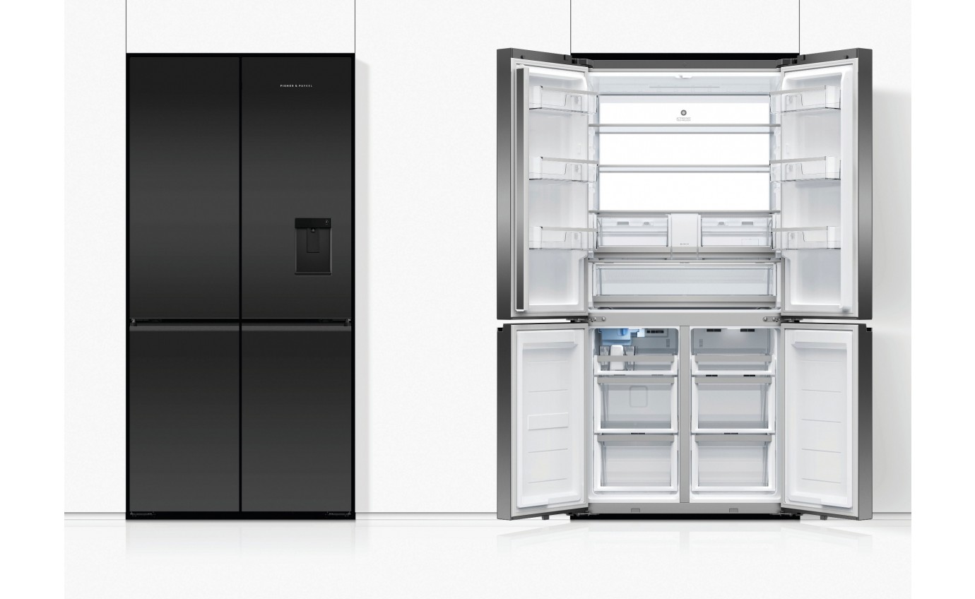 Fisher & Paykel 690L Glass Quad Door Fridge (Matte Black) RF730QZUVB1 Fridge & Washer City